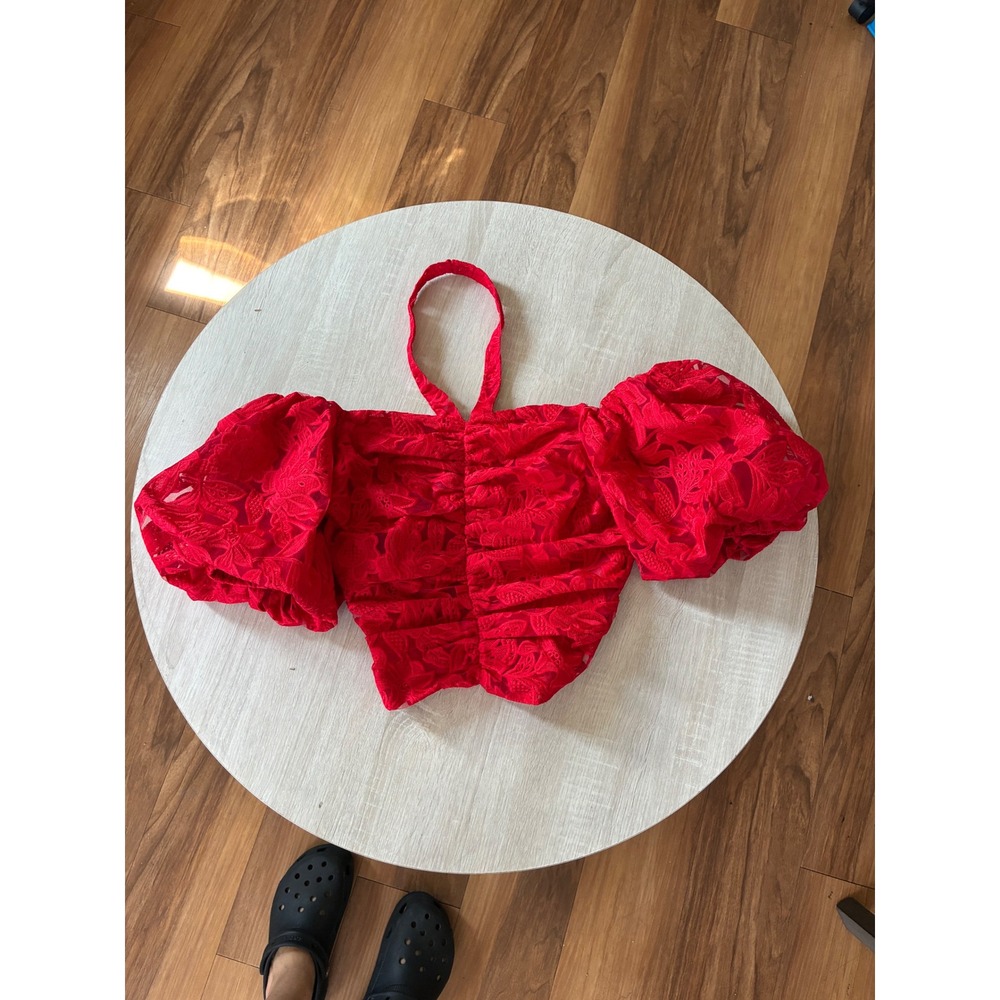 Venus Red Lace Halter Off Shoulder Puff Sleeve Romantic Ruched Crop Top Size 8 - Picture 2 of 8